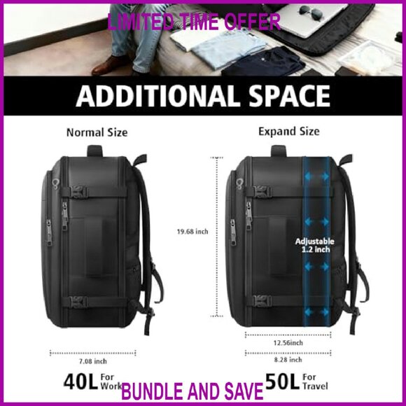 Large 50L Expandable Travel Backpack, Waterproof Daypack Fits 18.4" Laptop - Picture 5 of 7
